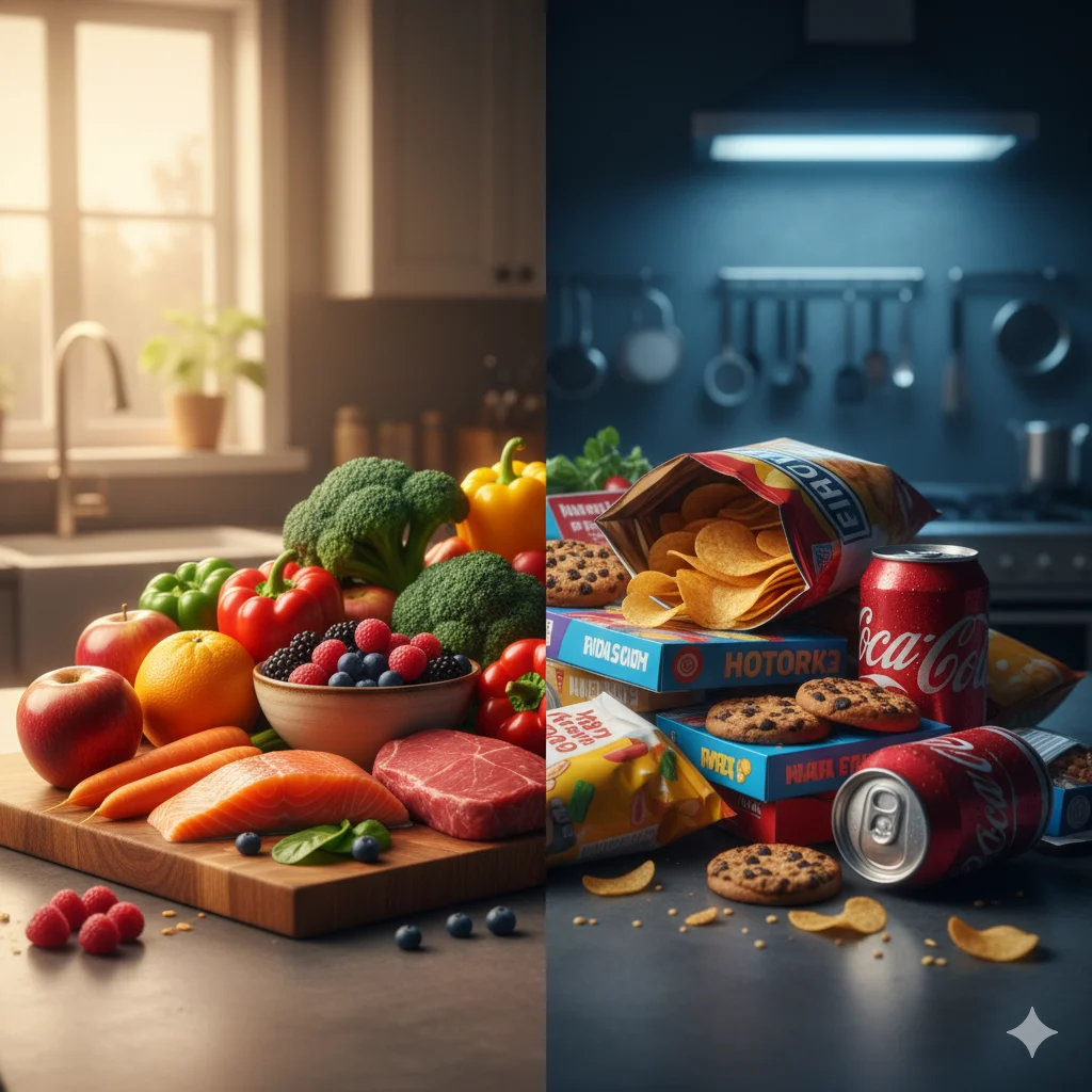 Comparativa visual lado a lado. A la izquierda, alimentos reales y frescos como frutas, verduras y carnes. A la derecha, sus contrapartes ultraprocesadas como snacks de paquete, gaseosas y comidas congeladas.