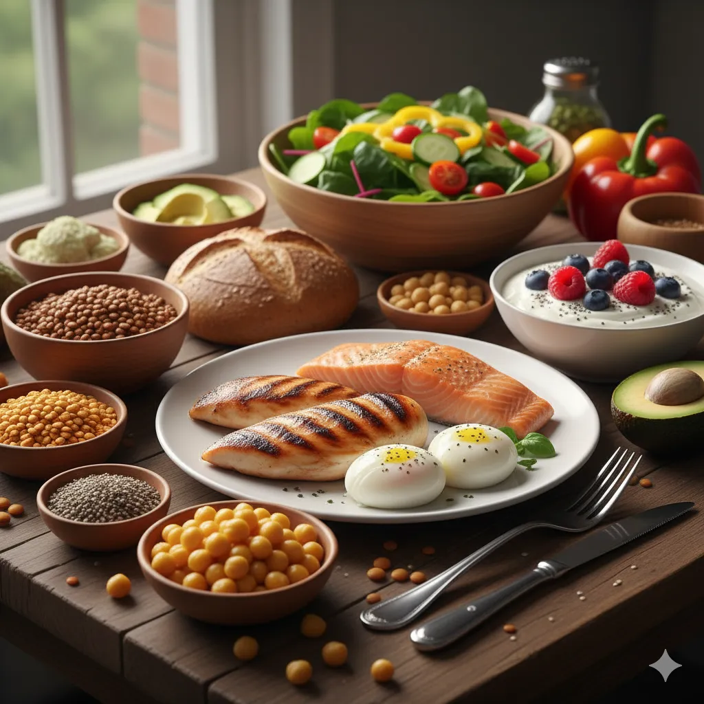 Un plato de comida balanceado y apetitoso, dividido en secciones que muestran alimentos ricos en proteína como pollo y legumbres, y alimentos ricos en fibra como verduras y granos integrales.