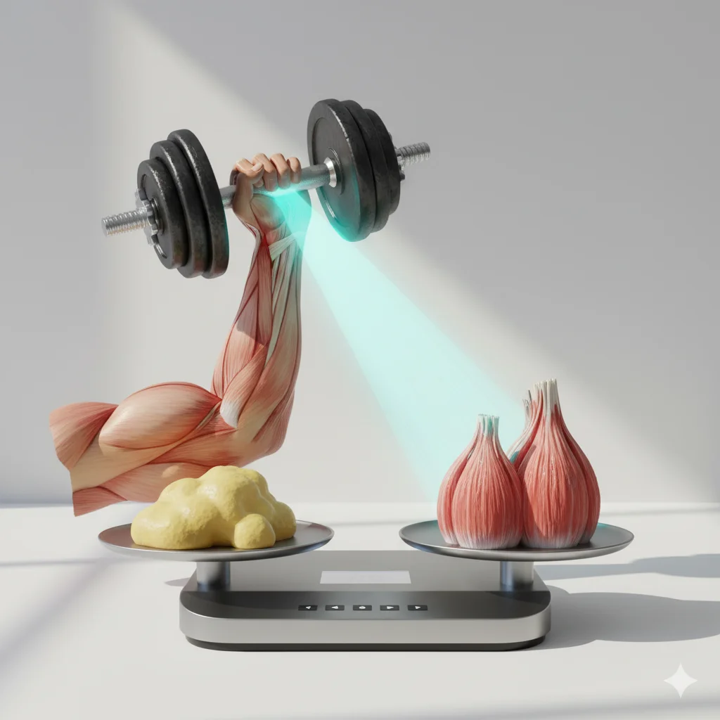 Ilustración que muestra cómo el entrenamiento de fuerza crea un escudo protector alrededor de la masa muscular durante un proceso de pérdida de peso.