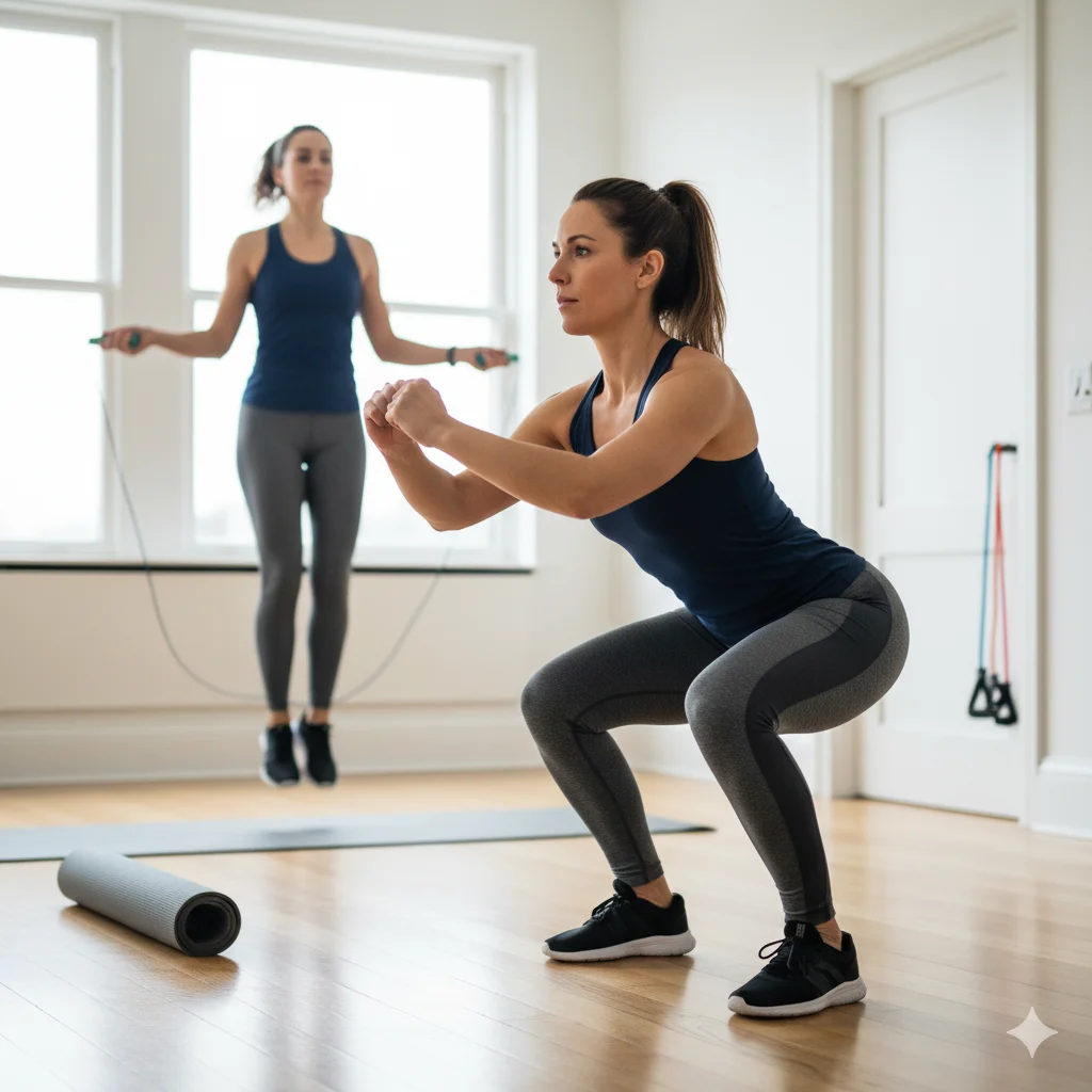 Persona realizando una rutina de ejercicios en casa, combinando sentadillas con mancuernas (fuerza) y saltos de tijera (cardio) en su sala de estar.