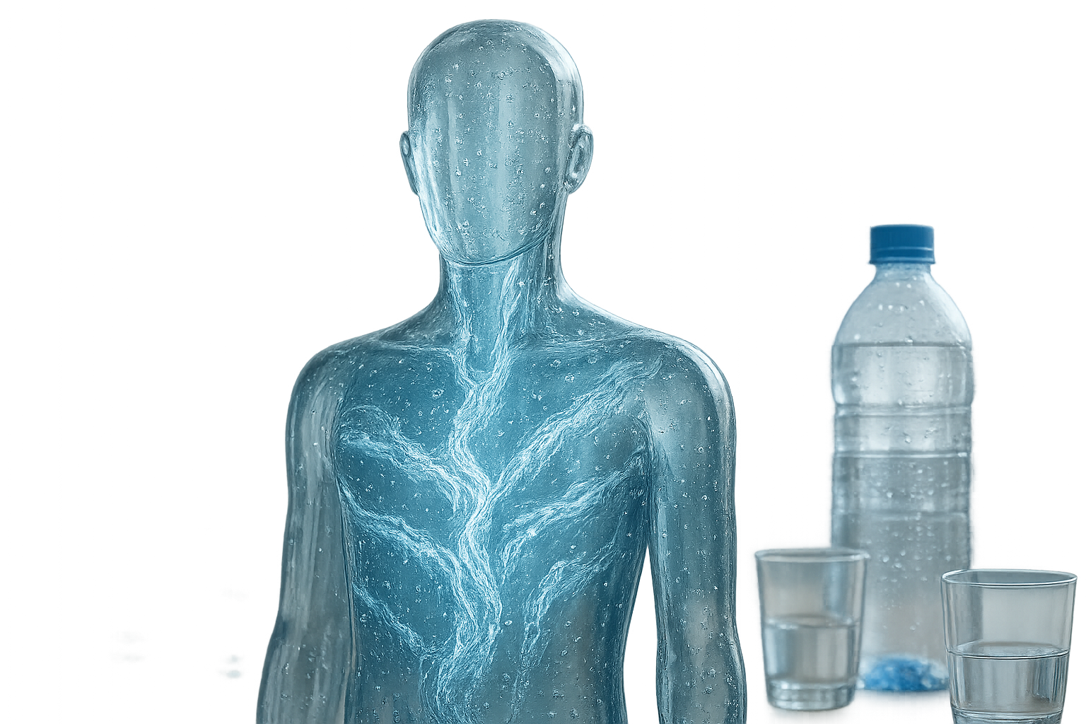 ¿Se Adelgaza Tomando Agua? Cuánta y Cómo Beberla 1 Silueta humana transparente llena de agua fluyendo por su interior, rodeada de vasos vacíos y una botella con gotas de condensación. Representa la importancia de la hidratación para el metabolismo y el bienestar. Imagen hiperrealista con fondo azul y luz natural.